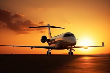 Airplane on the runway at sunset. Business travel and transportation concept. Generative AI