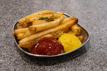 french fries with Ketchup and Mustard Sauce