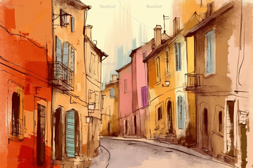 Fototapeta na wymiar A painting of a street in a french town - Generative AI