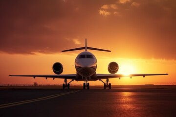 Fototapeta na wymiar Airplane on the runway at sunset. Travel and business concept. Generative AI