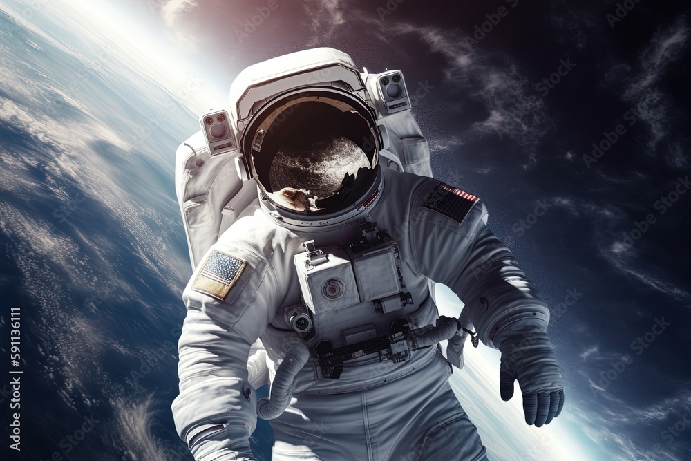 Wall mural astronaut spaceman do spacewalk while working for space station. mixed media. generative ai