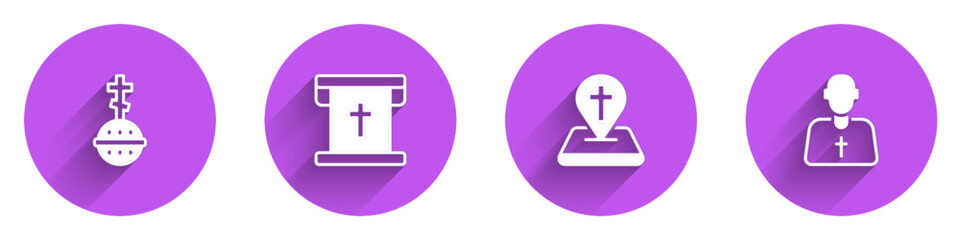 Obraz premium Set Christian cross, Flag with christian, Location church building and Priest icon with long shadow. Vector