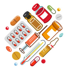 Big composition set of medicaments vector flat illustration isolated, pharmacy drugs apothecary bottles and pills and ampules, health care and healing medical theme design.