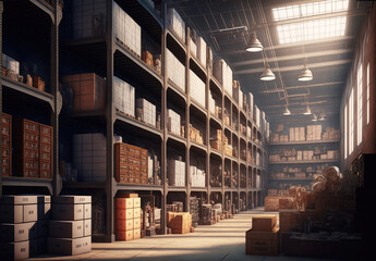 Large warehouse inside, boxes are on the shelves. Generative AI illustration.