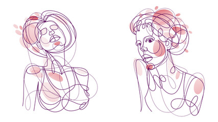 Woman beauty face vector linear illustrations set, delicate line art of attractive girl portraits collection, abstract feminine drawings minimal style isolated.