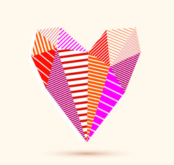 Low poly pattern geometric heart vector icon or logo, graphic design 3d love theme element, polygonal dimensional heart.