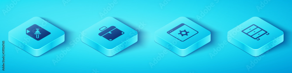 Poster set isometric note paper with push button, briefcase, archive papers drawer and browser setting icon