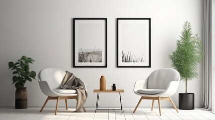 Blank picture frame mockup on a white wall. Modern living room design. View of modern Boho style interior with chair, minimalism concept. Two vertical templates for artwork. Generative AI.