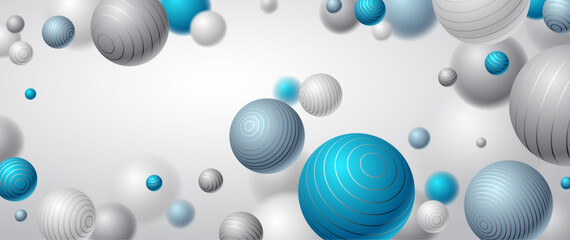 Abstract spheres vector background, composition of flying balls decorated with lines, 3D mixed realistic globes, realistic depth of field effect.