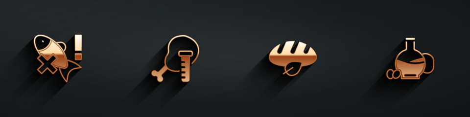 Set No fish, Genetically modified chicken, Vegan bread loaf and Bottle of olive oil icon with long shadow. Vector