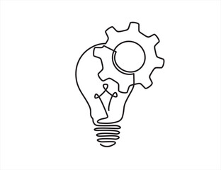 Continuous line drawing of Lightbulb with cogwheel on white isolated background. Idea business concept.