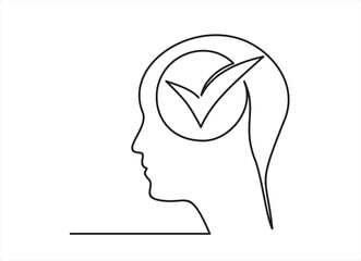 Continuous line one drawing of human head with check mark inside. Organization management concept