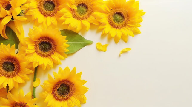 Spring Yellow Flowers of Sunflowers Light Background top view in flat lay style. Greeting for Womens or Mothers Day or Spring Sale Banner. Generative AI 