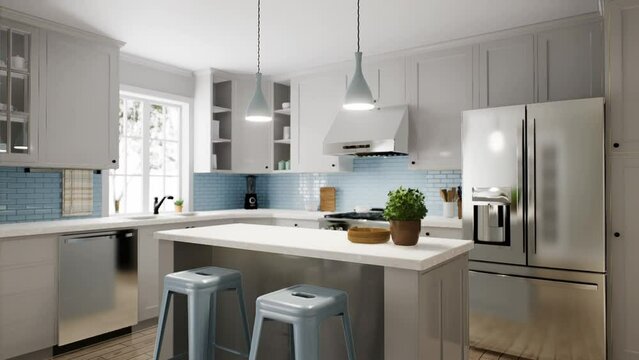 Spacious bright kitchen with a blue apron and blue chairs. 3d animation. 