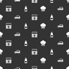 Set Chef hat, Car, Home stereo with two speakers and Sauce bottle on seamless pattern. Vector