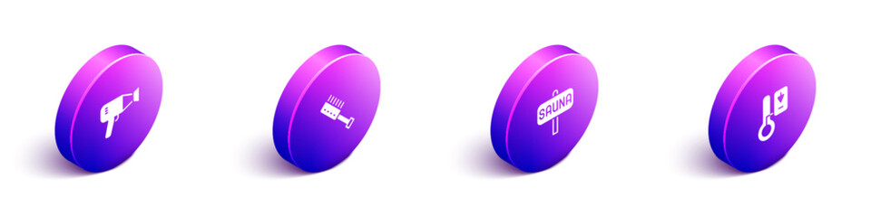 Set Isometric Hair dryer, Sauna brush, and thermometer icon. Vector