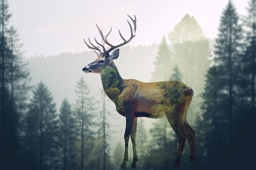 Majestic red deer stag in foggy forestng. Generative AI