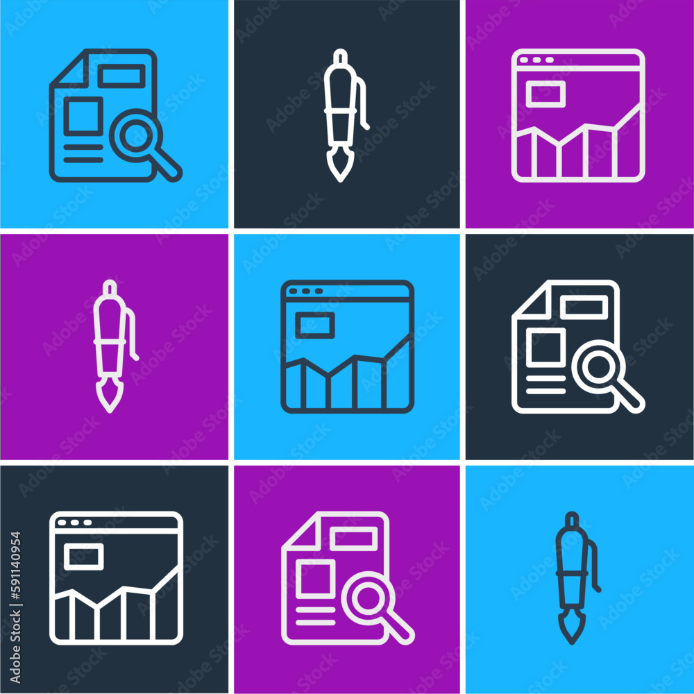 Poster set line document with graph chart, graph infographic and fountain pen nib icon. vector