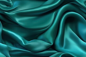 Blue-green silk satin. Soft wavy pleats. Shiny silk fabric. Teal background for design tileable. Curtain