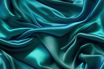 Blue-green silk satin. Soft wavy pleats. Shiny silk fabric. Teal background for design tileable. Curtain