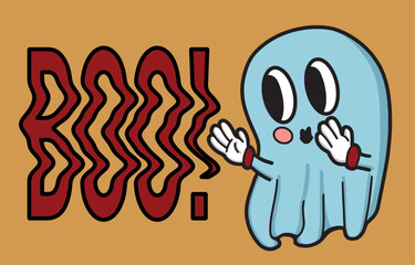 vector hand drawn illustration of retro sky blue ghost with eyes style of 90's on the orange background. Sign "Boo!" for Halloween