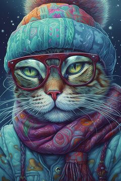 Cat with glasses in winter scarf and beanie