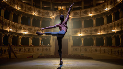 Back View Cinematic Shot of Athletic Man Dancing and Rehearsing on Classic Theatre Stage with Dramatic Lighting. Graceful Classical Ballet Male Dancer Performing his Choreography Professionally © Kitreel