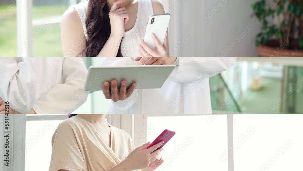 Poster collage movie of mobile device users. transition from white background.