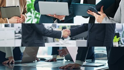 Collage movie of various business scenes. Transition from white background.