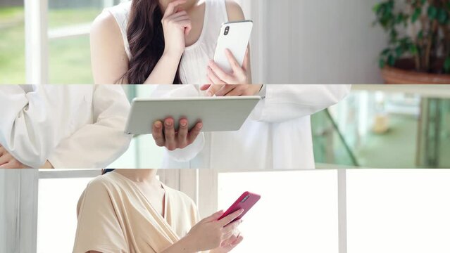 Collage movie of mobile device users. Transition from white background.