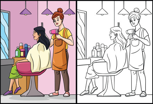 Hair Dresser Coloring Page Colored Illustration