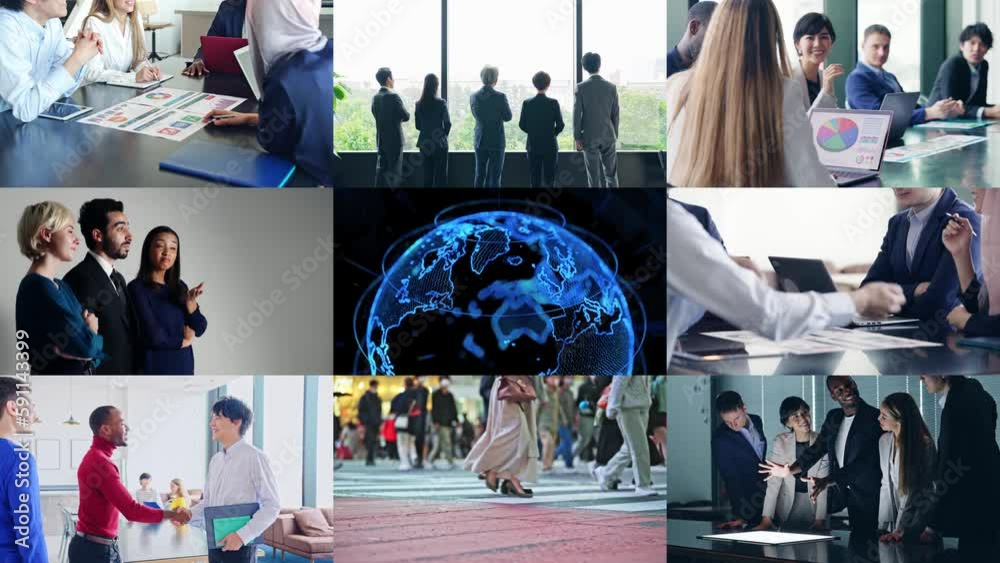 Aufkleber collage movie of global business communication network. transition from white background.