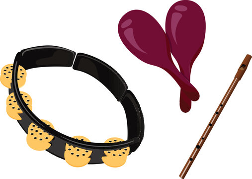 Set of classic musical instruments. Tambourine, maracas, flute vector illustration.