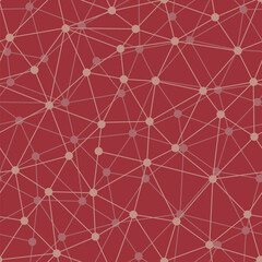 Burgundy background with grid structure. Web connection with dots in nodes. Abstract bionic line network seamless pattern.