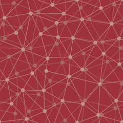 Burgundy background with grid structure. Web connection with dots in nodes. Abstract bionic line network seamless pattern.
