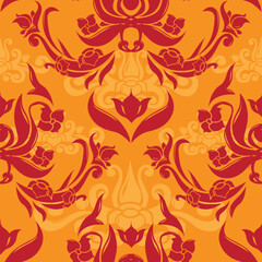Colored damask vector decor. Endless orrange background with red floral elements. Romantic rococo seamless pattern.
