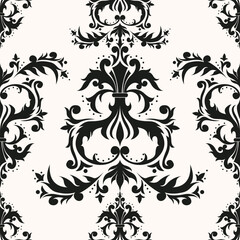 Damask seamless pattern with curly elegant floral elements. Endless baroque texture. Luxury rococo repeating vector.