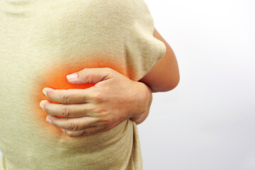 Woman suffering from waist, backache or hip pain on white background. Backache, office syndrome and health concept.