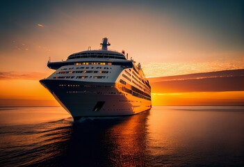 Fototapeta na wymiar This image depicts a cruise ship sailing at dawn, with the focus on the warm golden light of the sunrise illuminating the ship. Generative AI