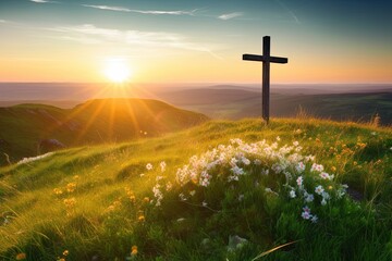 Cross on the top of the mountain at sunset. Cross on the hill with flowers. Generative AI