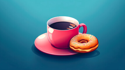 Creative illustration with cup of coffee and donut, generative AI.