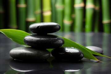 Spa stones and bamboo on black background. Zen and relaxation concept. Generative AI