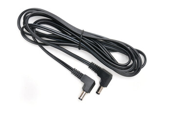Cable and plug for charging video cameras, phones and other electronic devices on a white background
