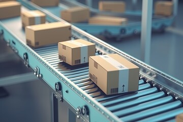 Cardboard boxes on conveyor belt in warehouseng. Generative AI