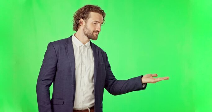 Business Man, Open Palm And Product With Green Screen Mockup For Decision, Options And Face By Background. Businessman, Choice Or Hand Gesture With Smile In Studio Mock Up With Chroma Key In Portrait