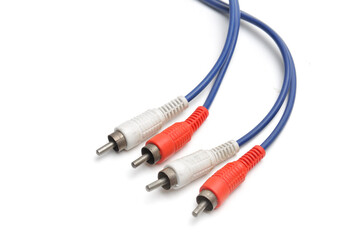 Stereo analog cable with tulip RCA plug on white background