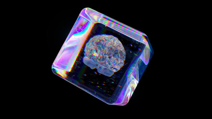 Crystal cube rotates on a Black Isolated Background. Diamond brain inside a transparent cube. Rainbow.