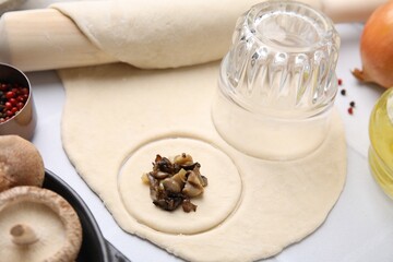 Process of making dumplings (varenyky) with mushrooms. Raw dough and ingredients on white table,...