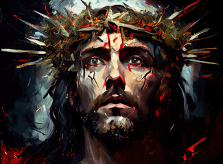 Artistic Colorful Painting Art of Jesus Face with a Crown of Thorns He is Risen Generative AI
