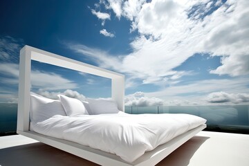 Fototapeta na wymiar Luxury bedroom with white pillows on the terrace overlooking the sea. Generative AI
